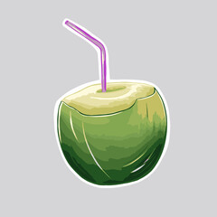 A vector sticker with a white rim on which a coconut fruit with a straw on a gray background