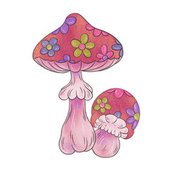 Psychedelic illustration with flowers growing on mushroom cap . Mushroom artwork for creating fashion prints, postcard, wedding invitations, banners, arrangement illustrations, books, covers.