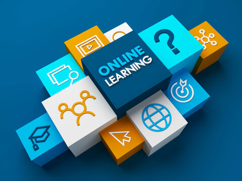 3D render of perspective view of ONLINE LEARNING concept with symbols on colorful cubes on dark blue background