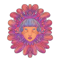 Psychedelic illustration with floral elements and woman.  Raster artwork for creating fashion prints, postcard, wedding invitations, banners, arrangement illustrations, books, covers.