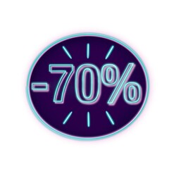 Etiqueta de descuento. 70% de descuento, rebajas. Ilustración sobre fondo blanco. Texto con efecto neón o fluorescente