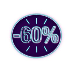 Etiqueta de descuento. 60% de descuento, rebajas. Ilustración sobre fondo blanco. Texto con efecto neón o fluorescente