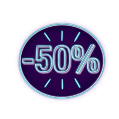 Etiqueta de descuento. 50% de descuento, rebajas. Ilustración sobre fondo blanco. Texto con efecto neón o fluorescente