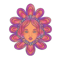Fototapeta premium Psychedelic illustration with floral elements and woman. Raster artwork for creating fashion prints, postcard, wedding invitations, banners, arrangement illustrations, books, covers.