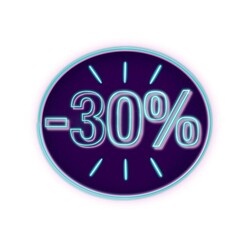 Etiqueta de descuento. 30% de descuento, rebajas. Ilustración sobre fondo blanco. Texto con efecto neón o fluorescente