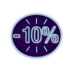 Etiqueta de descuento. 10% de descuento, rebajas. Ilustración sobre fondo blanco. Texto con efecto neón o fluorescente