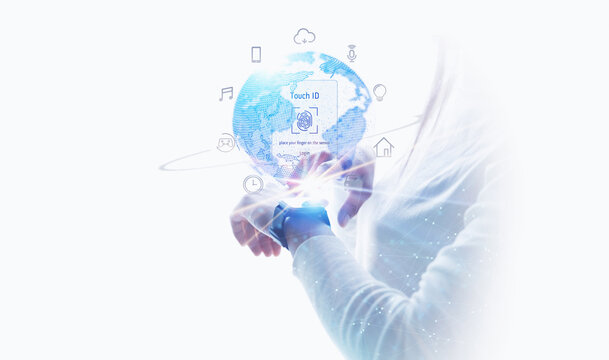 スマートウォッチで指紋認証する女性のビジネスグラフィックス