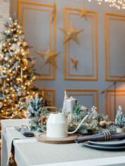 Modern design Christmas tree decorated with balls, toys and garlands. Christmas or New Year background. Winter holidays composition.