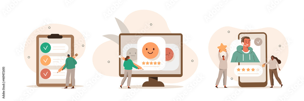 Poster customer feedback and user experience illustration set. characters giving review to customer service