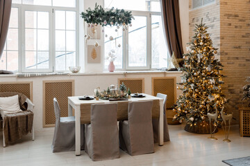 Modern design Christmas tree decorated with balls, toys and garlands. Christmas or New Year background. Winter holidays composition.