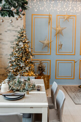 Modern design Christmas tree decorated with balls, toys and garlands. Christmas or New Year background. Winter holidays composition.