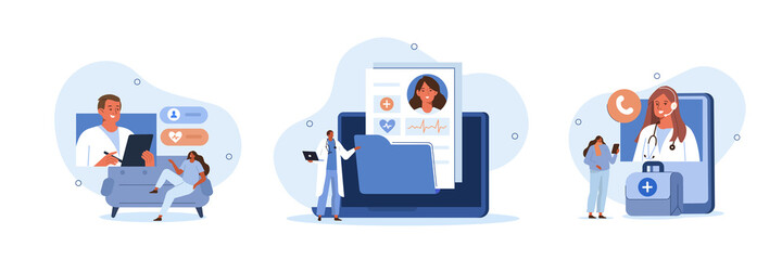 Electronic health record and online medical services illustration set. Doctor in hospital reading patient EMRs. Patients having online consultations with medical specialists. Vector illustration.