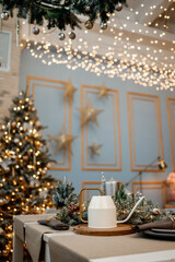 Modern design Christmas tree decorated with balls, toys and garlands. Christmas or New Year background. Winter holidays composition.