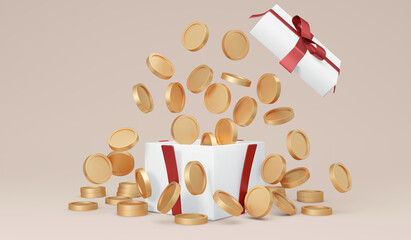 3D Rendering of explosion of money coins with gift box on background concept of bonus, winning, jackpot, casino, prosperity. 3D Render illustration.