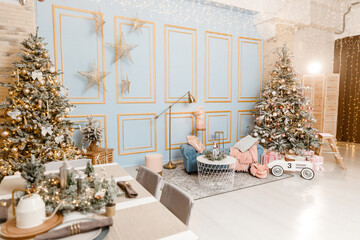 Modern design Christmas tree decorated with balls, toys and garlands. Christmas or New Year background. Winter holidays composition.