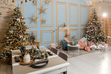 Modern design Christmas tree decorated with balls, toys and garlands. Christmas or New Year background. Winter holidays composition.