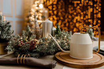 Modern design Christmas tree decorated with balls, toys and garlands. Christmas or New Year background. Winter holidays composition.