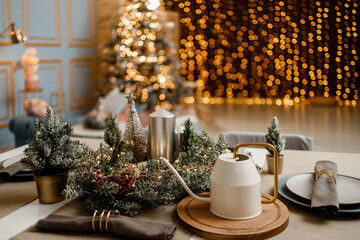 Modern design Christmas tree decorated with balls, toys and garlands. Christmas or New Year background. Winter holidays composition.