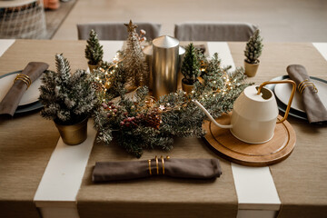 Modern design Christmas tree decorated with balls, toys and garlands. Christmas or New Year background. Winter holidays composition.