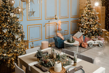 Modern design Christmas tree decorated with balls, toys and garlands. Christmas or New Year background. Winter holidays composition.