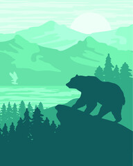 MODERN FLAT DESIGN BACKGROUND NATURAL LANDSCAPE PINETREE JUNGLE FOREST IN SUNRISE SUNSET SILHOUETTE