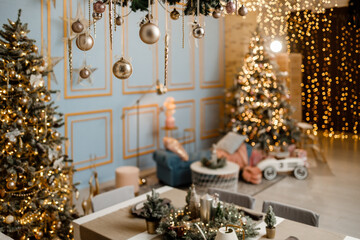 Modern design Christmas tree decorated with balls, toys and garlands. Christmas or New Year background. Winter holidays composition.