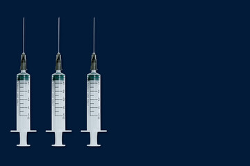 Medical syringe and needle on dark background with space for text