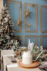 Modern design Christmas tree decorated with balls, toys and garlands. Christmas or New Year background. Winter holidays composition.