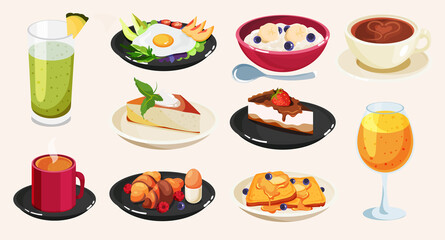 A set of mouth-watering delicious and healthy breakfasts in the cartoon style