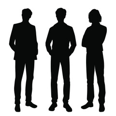 Vector silhouettes of men standing, group business people, black color, isolated on white background