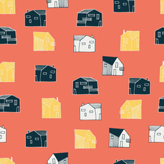 Seamless pattern with small detached, single-family houses on pink background for surface design and other design projects