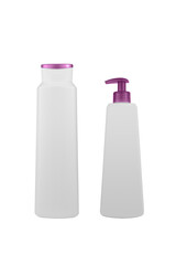 Set of blank cosmetic bottles isolated on white background. Bath products packaging mockup. Plastic cosmetic containers for body lotion, cream, shower gel, shampoo.