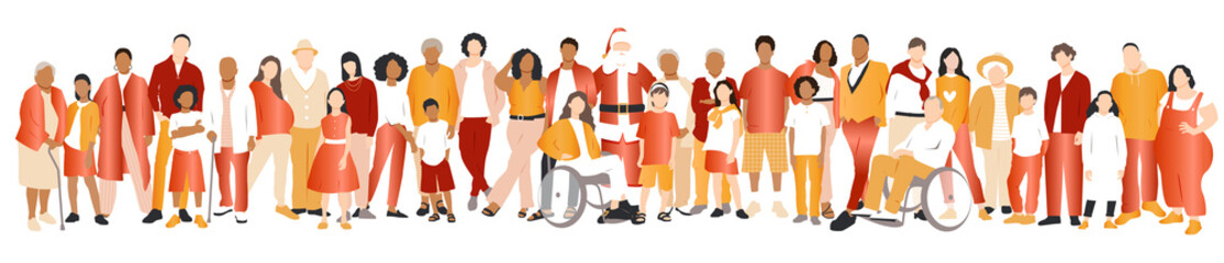 Multicultural group of families with Santa Claus. Flat vector illustration.