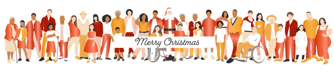 Fototapeta premium Merry Christmas banner. Multicultural group of families with Santa Claus. Flat vector illustration.