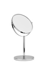 Silver metal round cosmetic make up mirror isolated on white background.