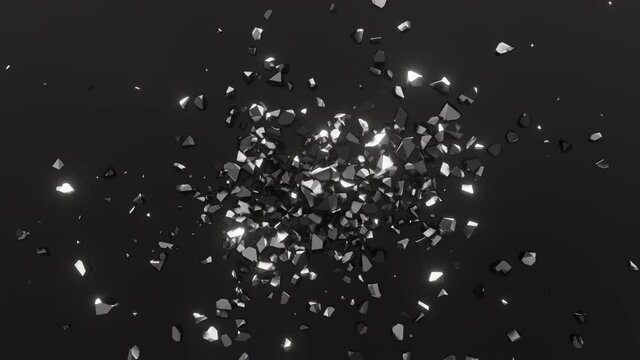 Background for sales, price cuts, discount season. The price tag falls onto a dark surface and shatters into small shiny fragments. 3d animation in high quality.