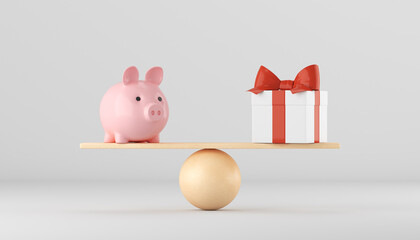 Gift wooden scales and pig piggy bank. 3d render illustration.