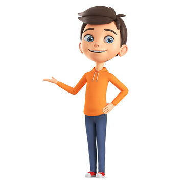 Cartoon character boy in orange sweatshirt points his hand to the side. 3D rendering. Illustration for presentation.