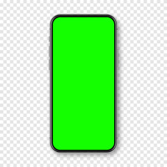 Realistic smartphone with blank touch screen and green chroma key background. Frameless mobile phone in front view. High quality detailed device mockup. Screen backdrop template. Vector illustration.