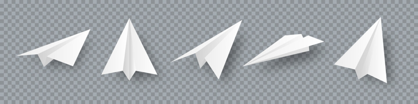 Realistic handmade paper planes collection on transparent background. Origami aircraft in flat style. Vector illustration.