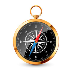 Realistic golden vintage compass with marine wind rose and cardinal directions of North, East, South, West. Shiny metal navigational compass. Cartography and navigation. Vector illustration.