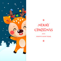Cute Merry Christmas and Happy New Year greeting card. Winter holiday background with funny little deer on background of snowy night. Vector illustration 10 EPS.