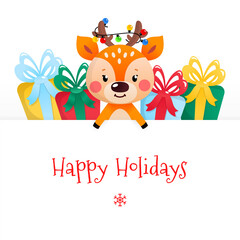 Happy Holidays greeting card with a cute deer. Winter background with gift boxes and a little deer holding a big signboard. Vector illustration 10 EPS.
