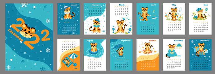 Calendar 2022 with symbol of the year tiger. Cute little tiger in cartoon style. Week starts on Sunday. A set of 12 pages and cover in size A3, A4, A5. Vector illustration in vertical format.