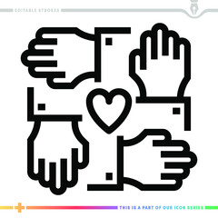 The editable line icon of community support can be used as a customizable black stroke vector illustration.