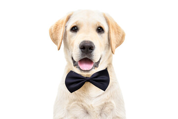 Portrait of a cute Labrador puppy wearing a bow tie isolated on white background