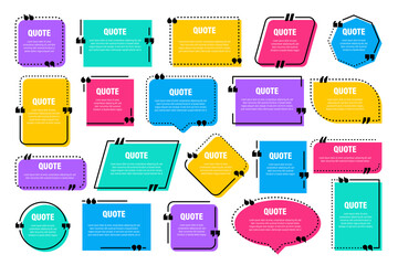 Set of colorful isolated quote frames. Speech bubbles with quotation marks. Blank text box and quotes. Blog post template. Vector illustration.
