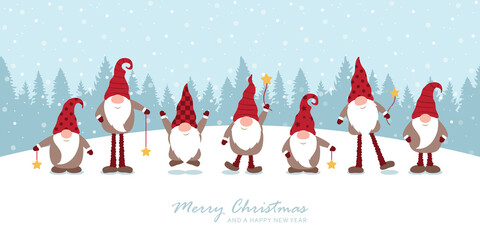 christmas greeting card with cute christmas dwarf and snowy landscape