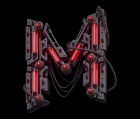 Black futuristic font. Light red neon. Letter M. 