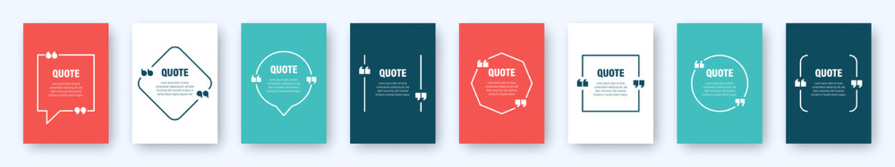 Set of colorful banners with quote frames. Speech bubbles with quotation marks. Blank text box and quotes. Blog post template. Vector illustration.